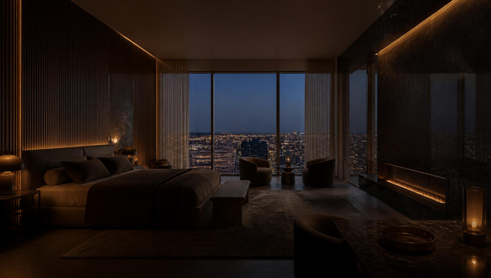 Luxury hotel suite at dusk with connected lighting, climate and shading